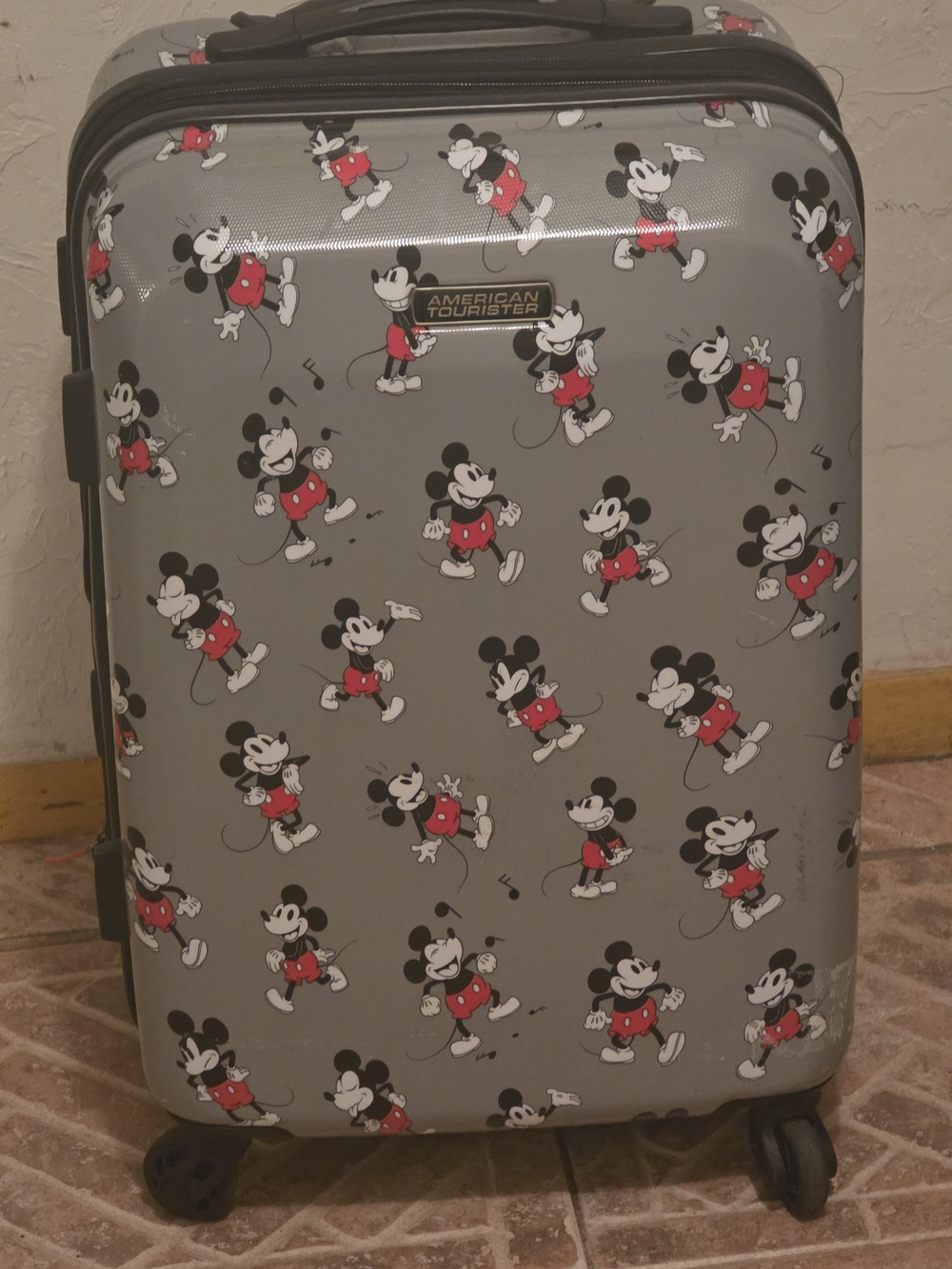 American Tourister Grey and Red Mickey Mouse Hardside Spinner Suitcase